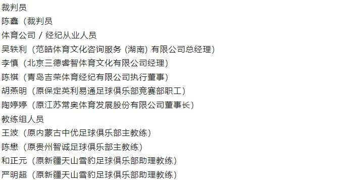 足球行业“假赌黑”第三批处罚具体名单：65人遭罚，17人被终身禁止从事与足球有关活动